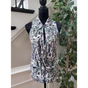 TRACY REESE Women's Gray Green Leaf 100% Silk Drawstring Hook Front Top Blouse M